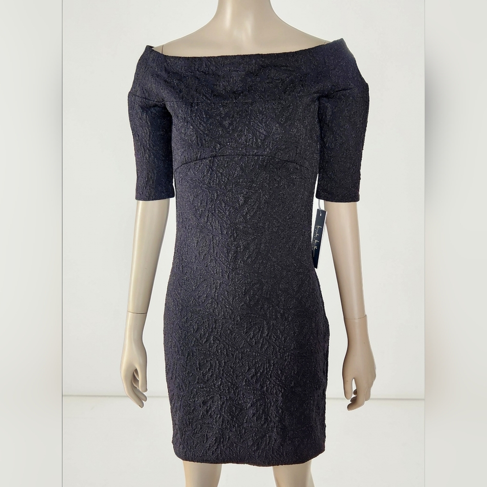 Nicole Miller Jacquard Off Shoulder Mini Dress Black Womens 6 Sheath Cocktail